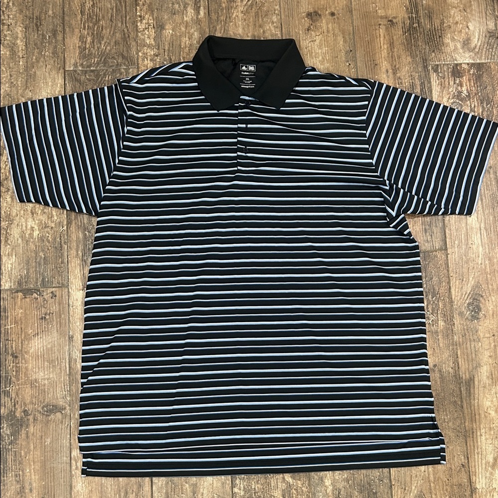 Adidas Navy and White Striped Polo Shirt